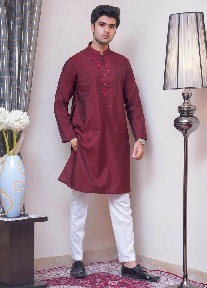 Real Image Raw Silk Formal Men Kurta -  D-488 Maroon