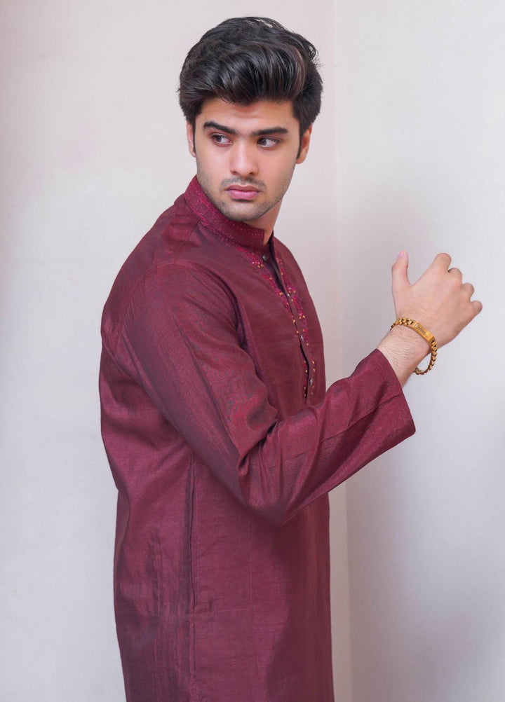 Real Image Raw Silk Formal Men Kurta -  D-488 Maroon