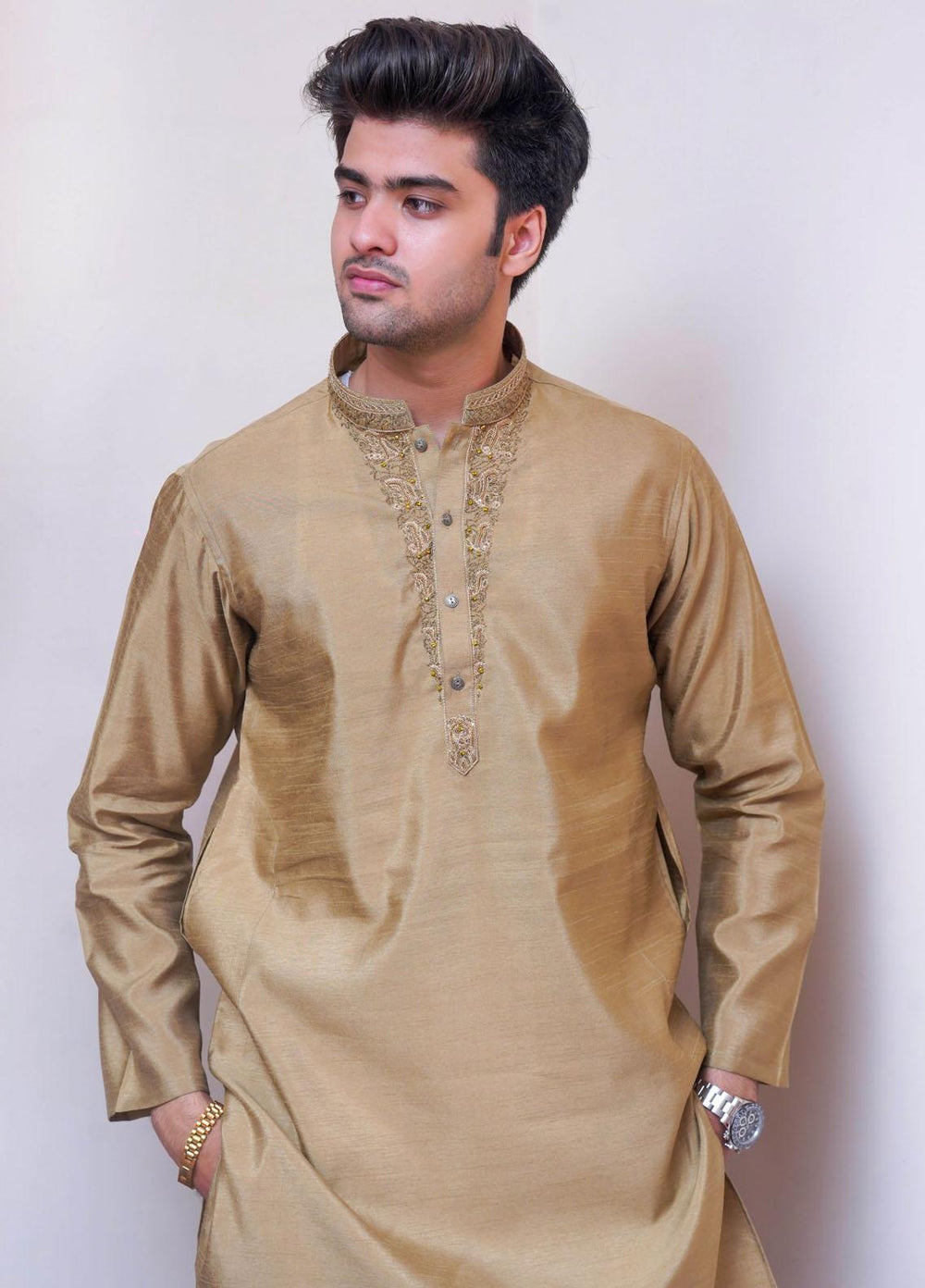 Real Image Raw Silk Formal Kurta for Men -  D-488 Mehndi