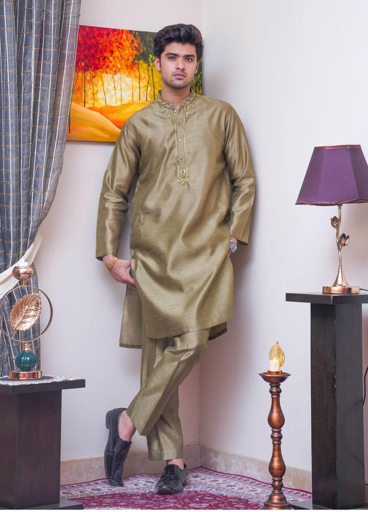 Real Image Raw Silk Formal Kurta Pajama for Men -  D-485 Apple Green