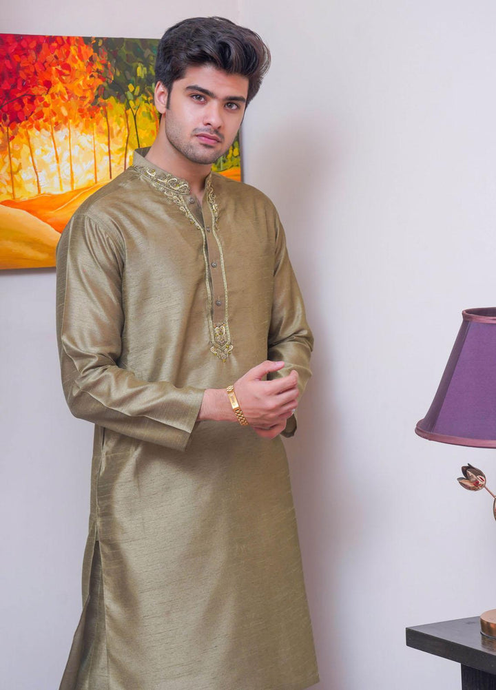Real Image Raw Silk Formal Kurta Pajama for Men -  D-485 Apple Green