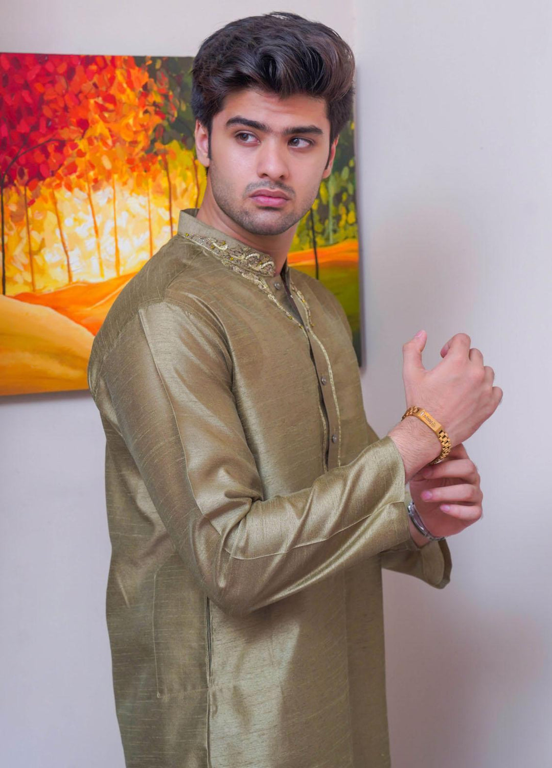 Real Image Raw Silk Formal Kurta Pajama for Men -  D-485 Apple Green