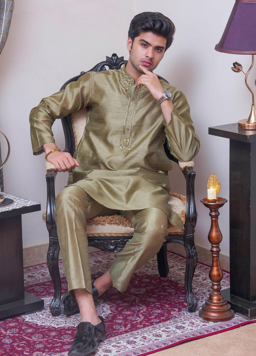 Real Image Raw Silk Formal Kurta Pajama for Men -  D-485 Apple Green