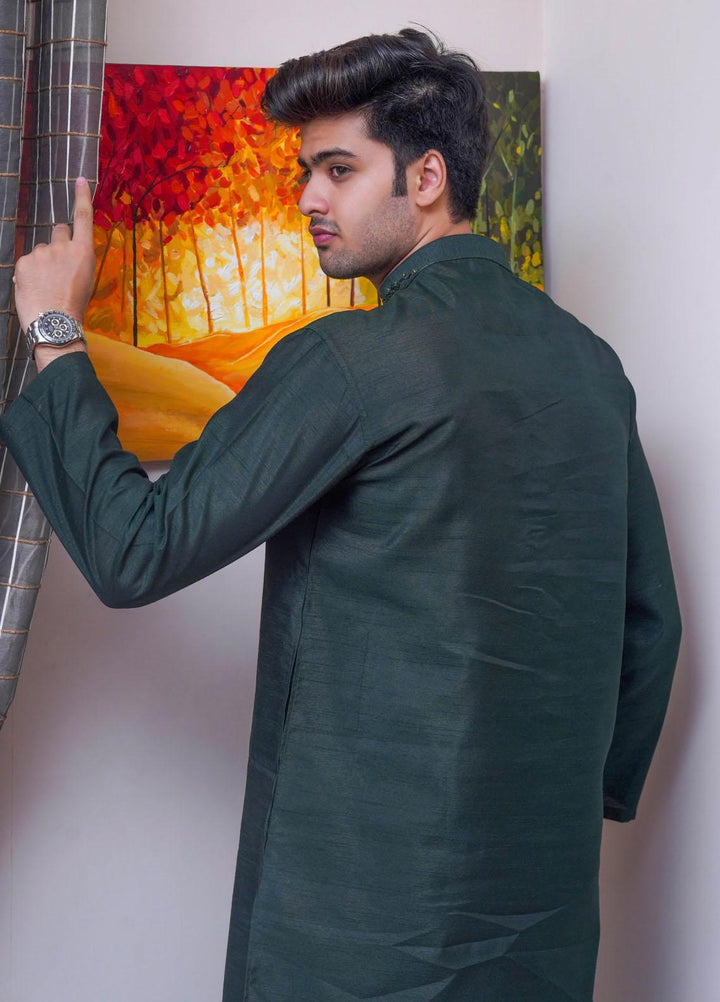 Real Image Raw Silk Formal Men Kurta Pajama -  D-485 Green