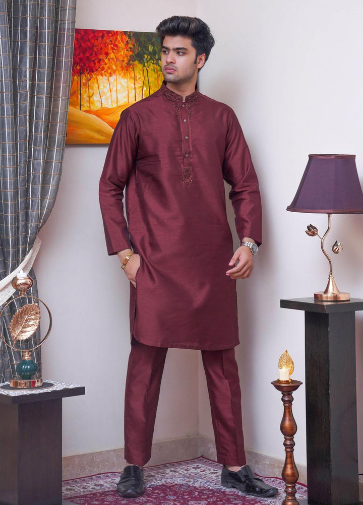 Real Image Raw Silk Formal Kurta Pajama for Men -  D-485 Maroon