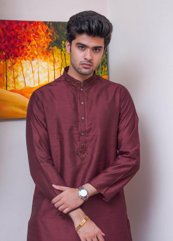 Real Image Raw Silk Formal Kurta Pajama for Men -  D-485 Maroon