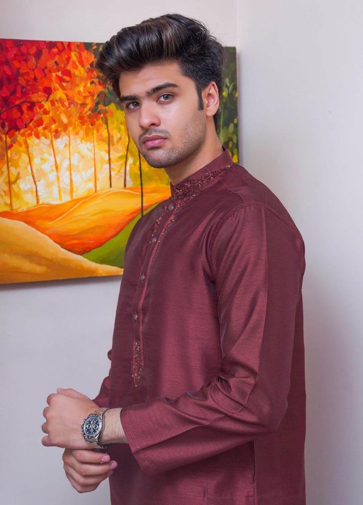 Real Image Raw Silk Formal Kurta Pajama for Men -  D-485 Maroon