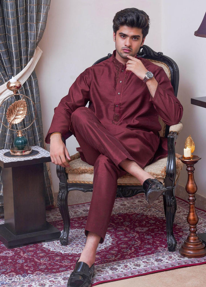 Real Image Raw Silk Formal Kurta Pajama for Men -  D-485 Maroon