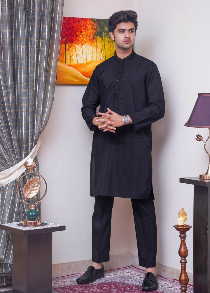 Real Image Raw Silk Formal Kurta Pajama for Men -  D-515 Black