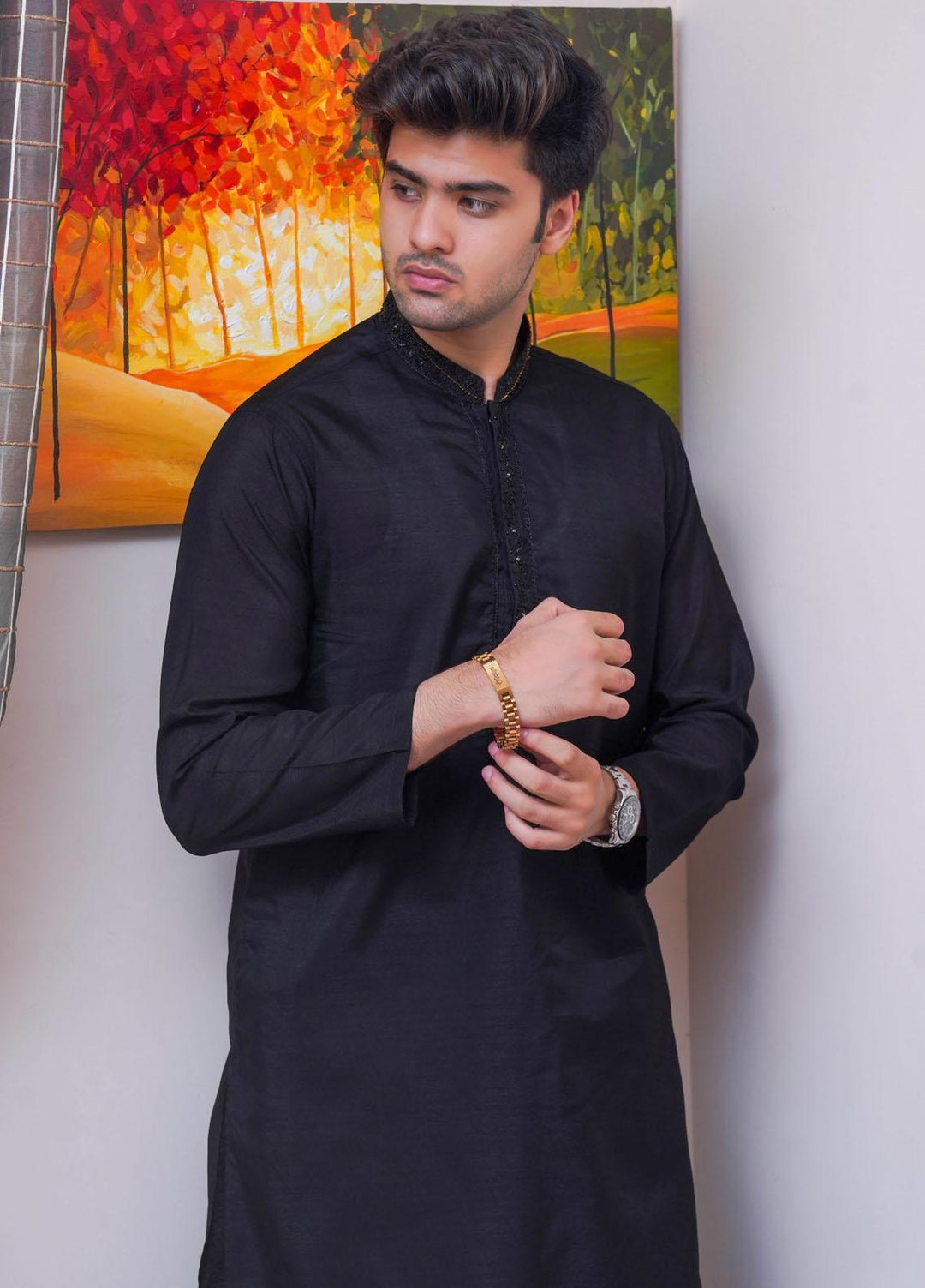 Real Image Raw Silk Formal Kurta Pajama for Men -  D-515 Black