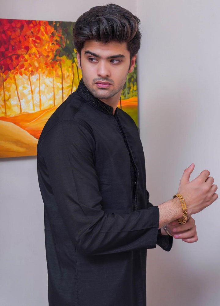 Real Image Raw Silk Formal Kurta Pajama for Men -  D-515 Black