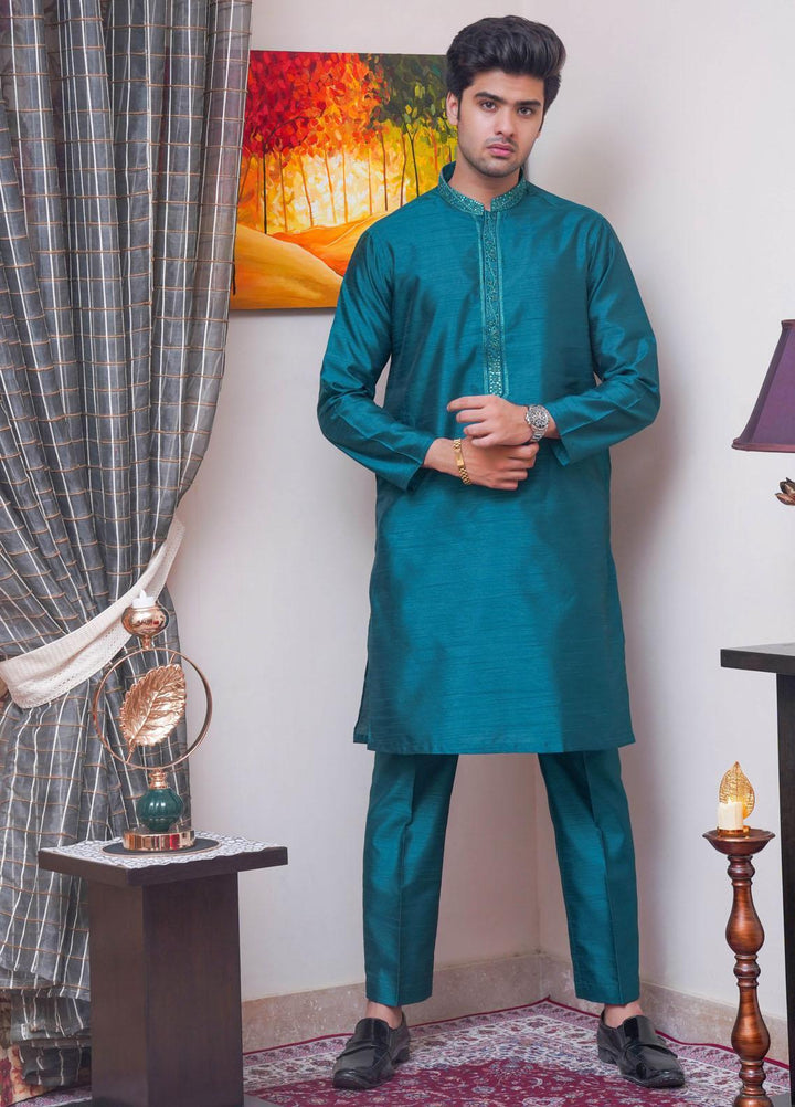 Real Image Raw Silk Formal Men Kurta Pajama -  D-515 Sea Green