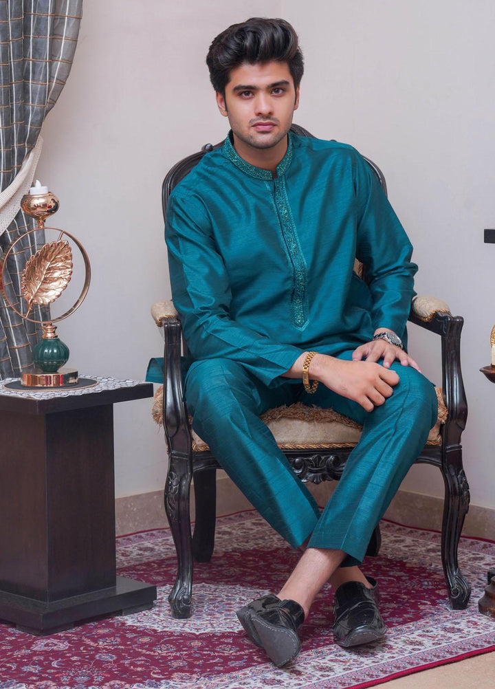 Real Image Raw Silk Formal Men Kurta Pajama -  D-515 Sea Green