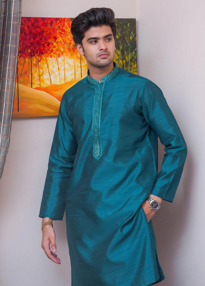 Real Image Raw Silk Formal Men Kurta Pajama -  D-515 Sea Green