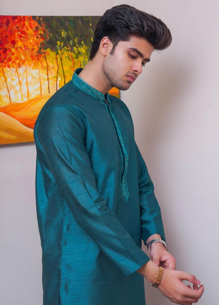 Real Image Raw Silk Formal Men Kurta Pajama -  D-515 Sea Green