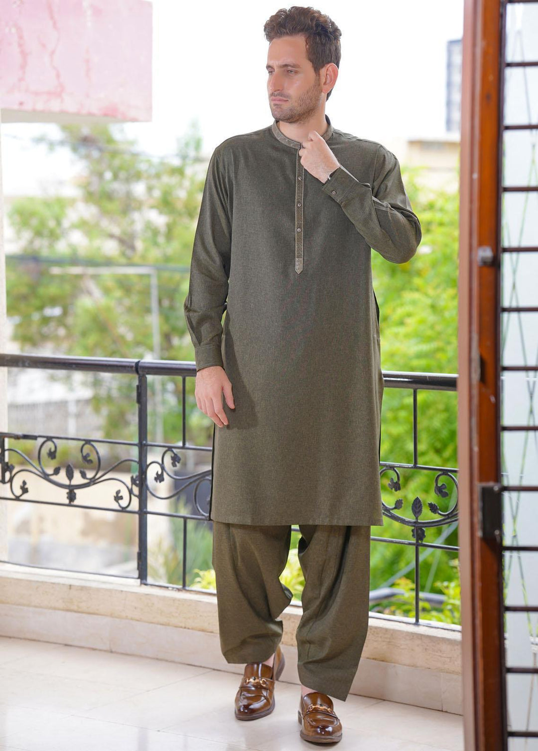 Real Image Wash N Wear Formal Kameez Shalwar for Men -  D-504 Green