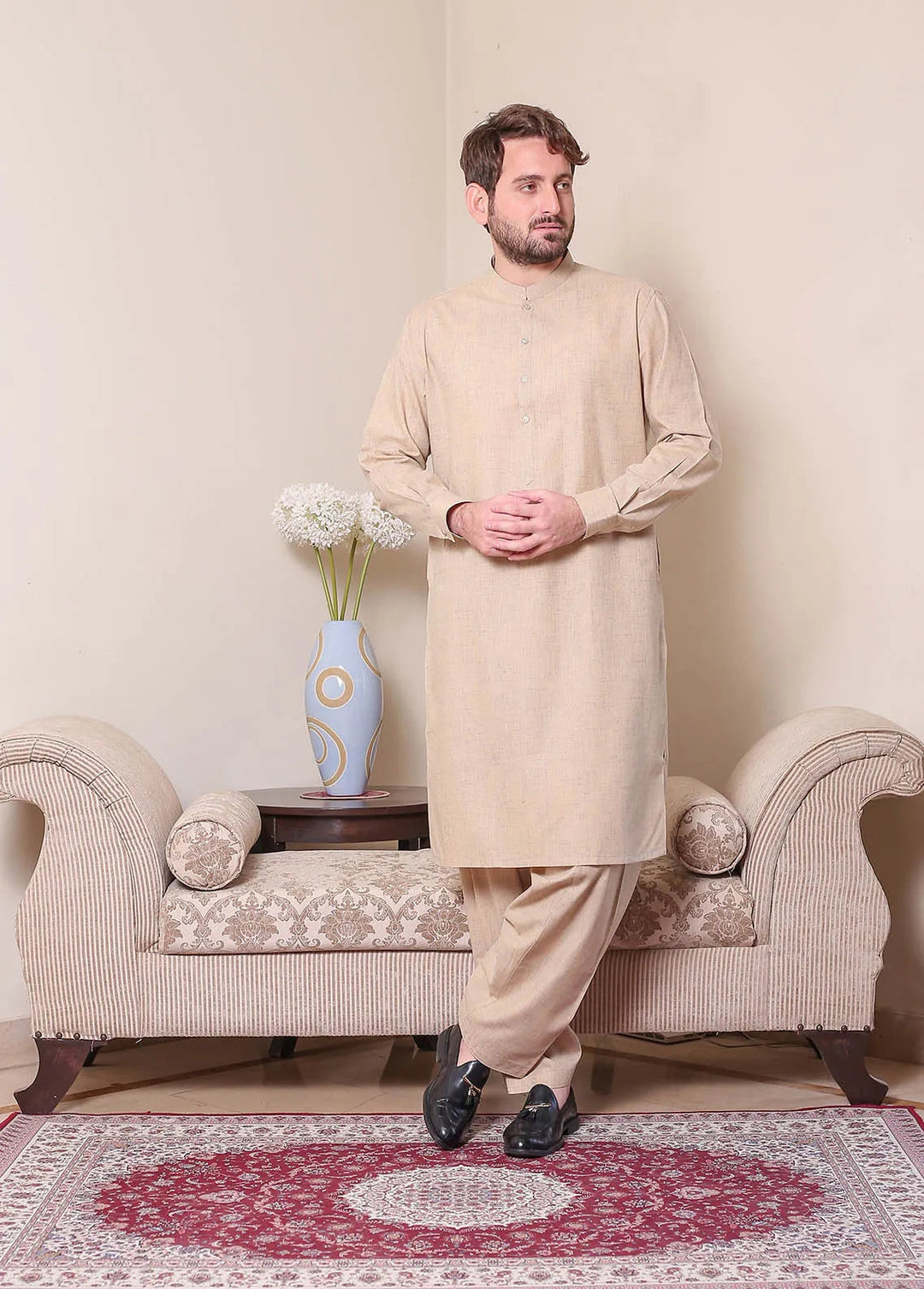 Real Image Textured Men Kurta Shalwar - P - 61sc Camel