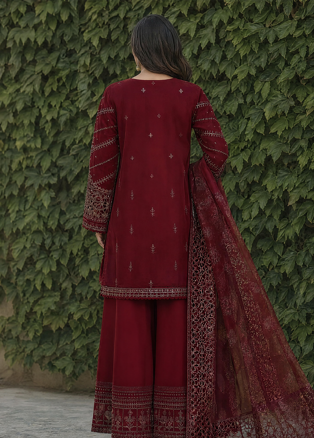 Falsafaa by HZ Textiles RTW Embroidered Organza 3 Piece Suit HZ26ULF HZK-238 Maroon - Festive Collection