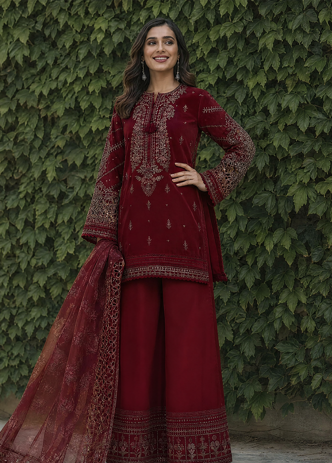 Falsafaa by HZ Textiles RTW Embroidered Organza 3 Piece Suit HZ26ULF HZK-238 Maroon - Festive Collection