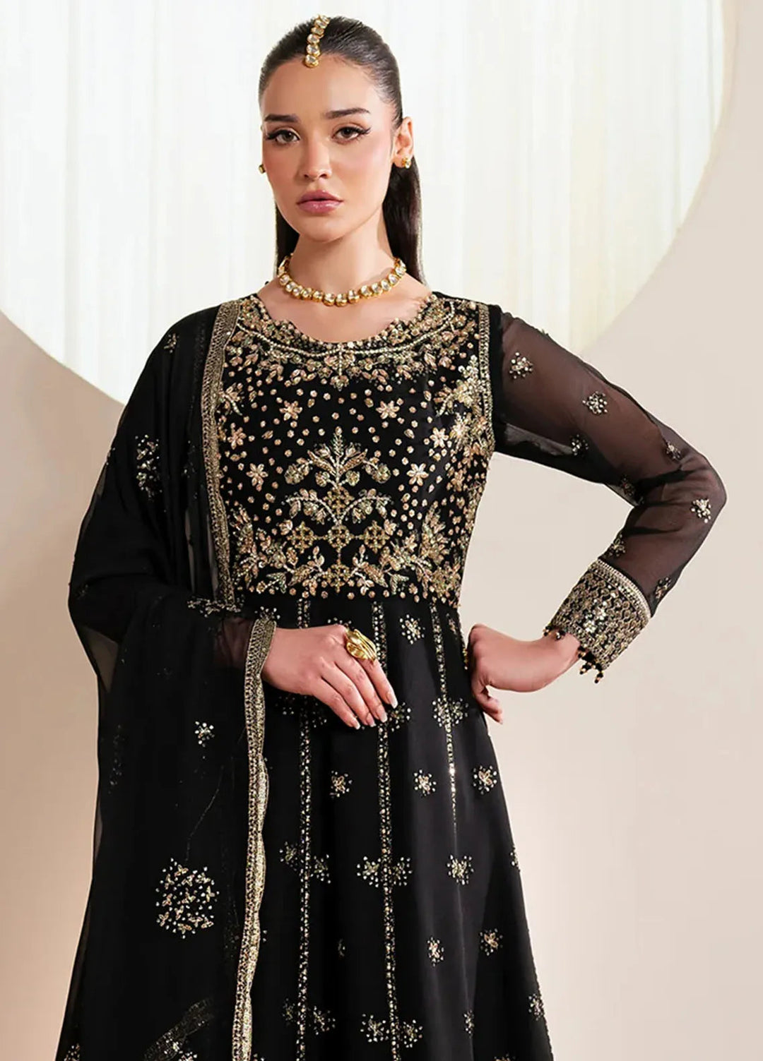 Reena by Alizeh Fashion Embroidered Chiffon Suit Unstitched 3 Piece AFB25RE D-4030 Noir - Formals Collection
