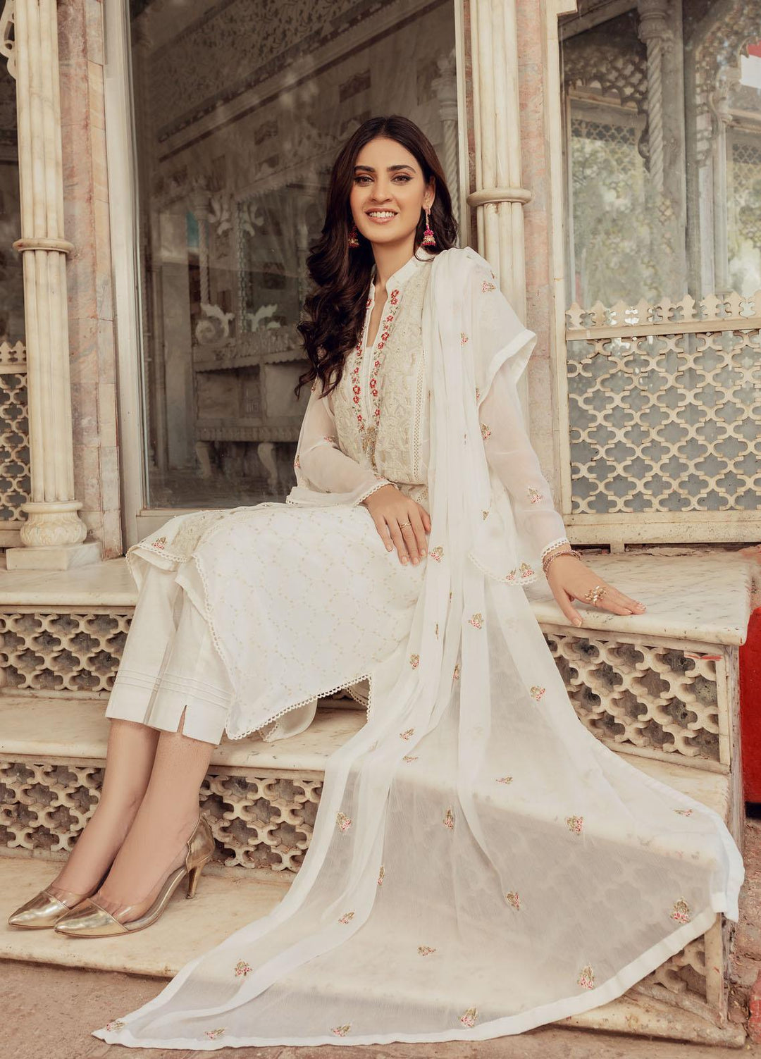 Shamooz Luxury Pret  Chiffon 3 Piece Suit Ivory-Thread SEM-0422