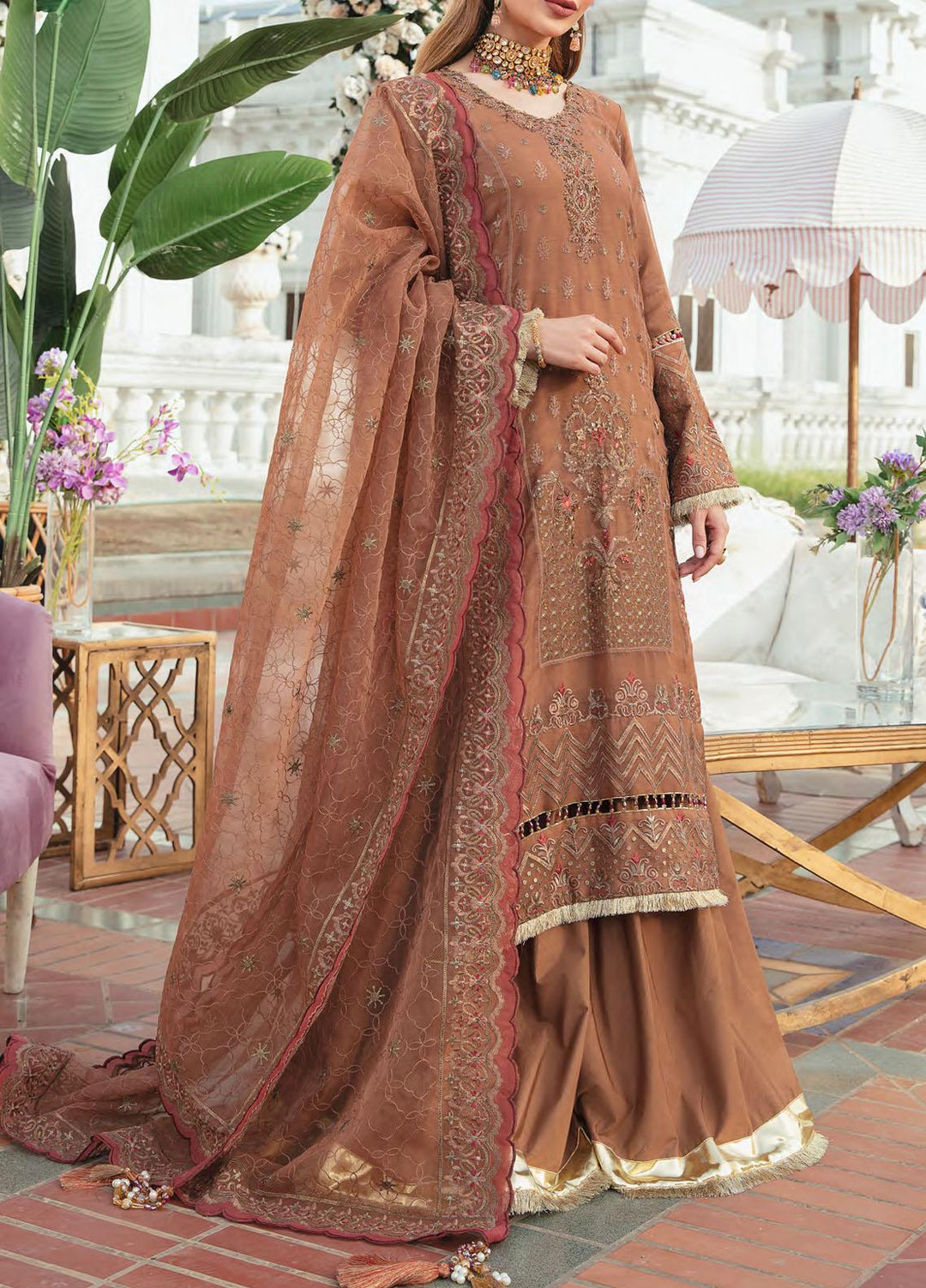 Retro by Salitex Embroidered Chiffon Suits Unstitched 3 Piece ST22RC HC-00031 Glistening Sand - Luxury Collection