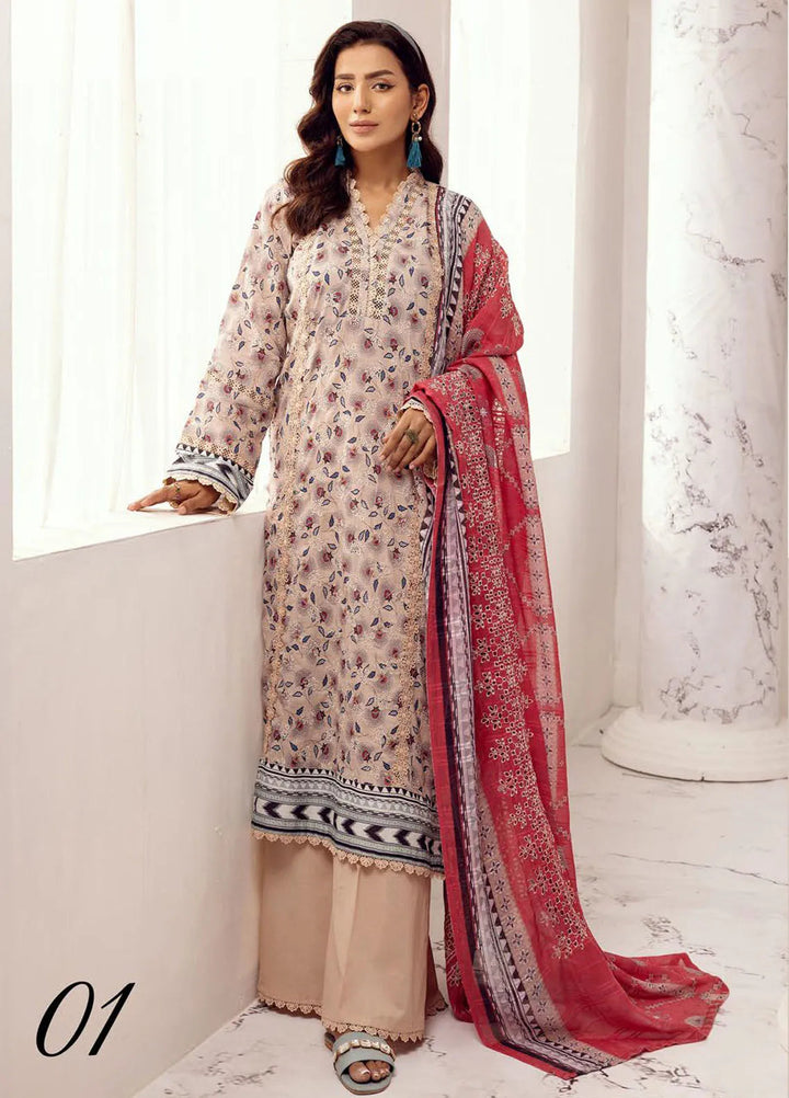 Riaz Arts Embroidered Lawn Suit Unstitched 3 Piece RA25MH D-01 - Summer Collection