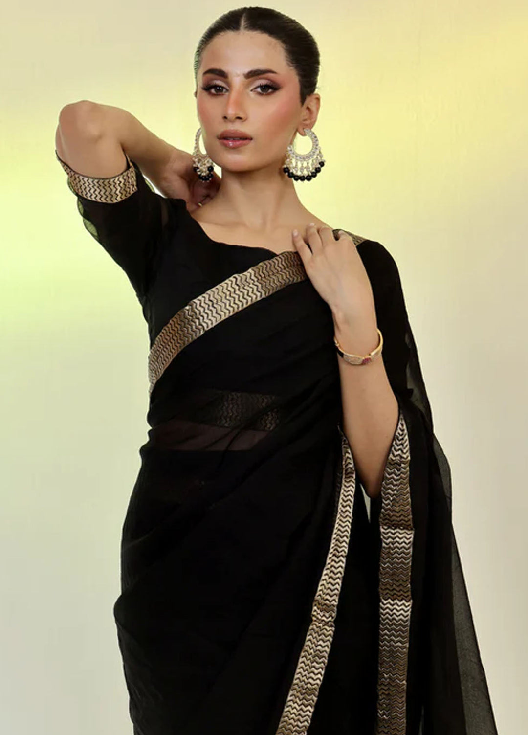 Ripret Pret Embroidered Chiffon 3 Piece Black Banarsi Saree
