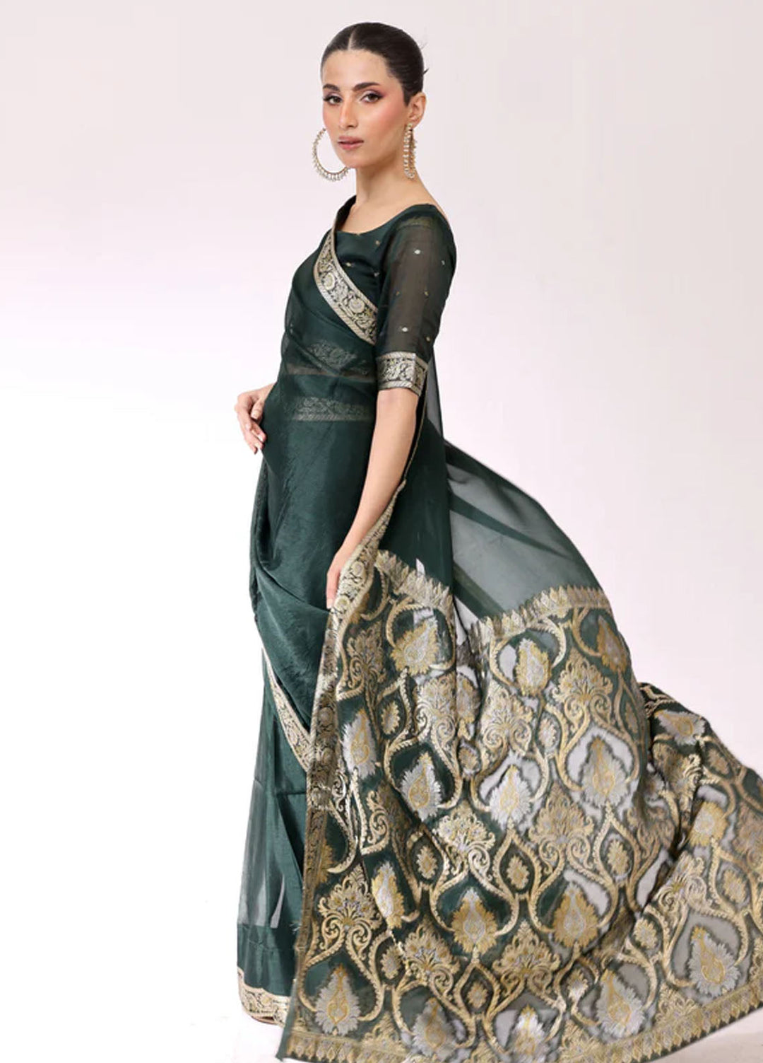 Ripret Pret Embroidered Chiffon 3 Piece Emerald Banarsi Saree