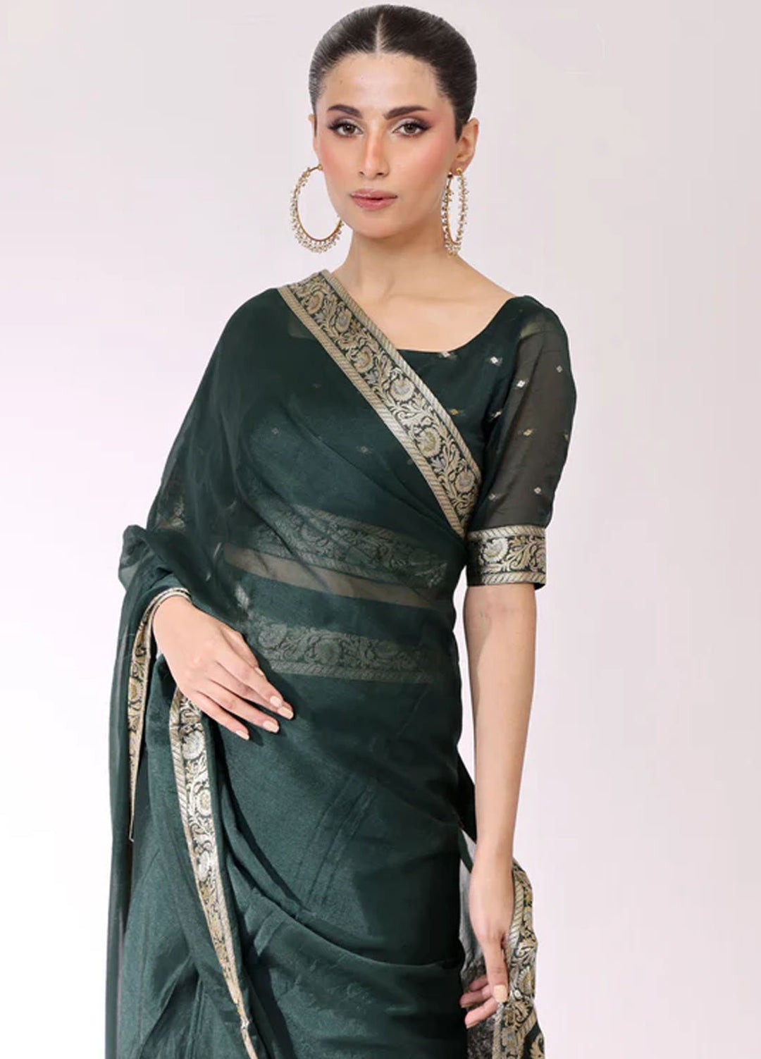 Ripret Pret Embroidered Chiffon 3 Piece Emerald Banarsi Saree