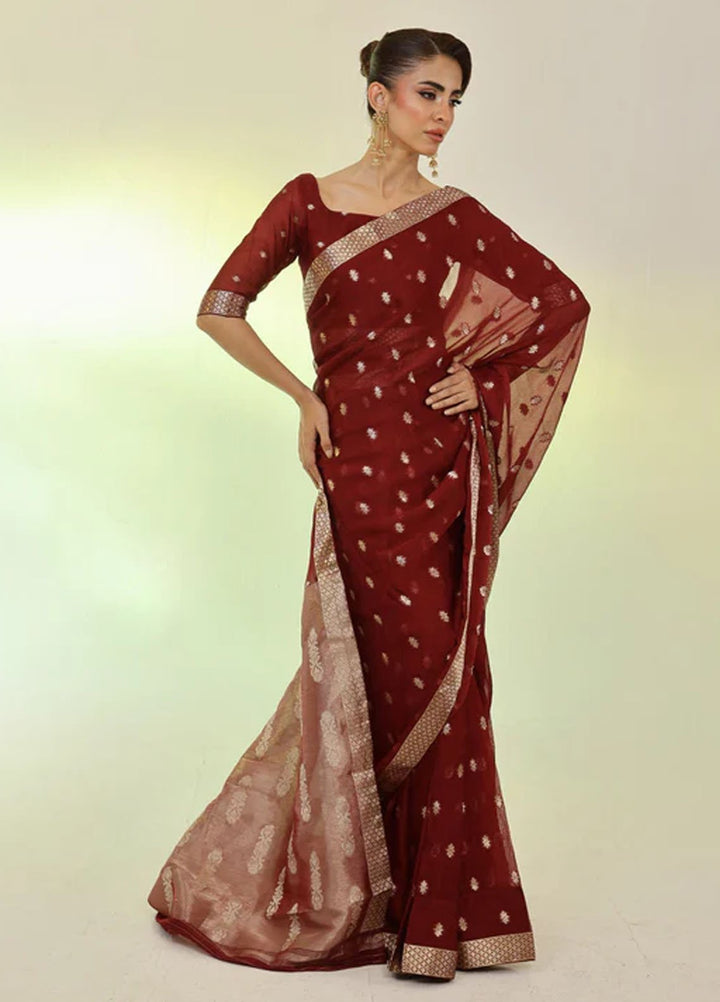 Ripret Pret Embroidered Chiffon 3 Piece Maroon Banarsi Saree