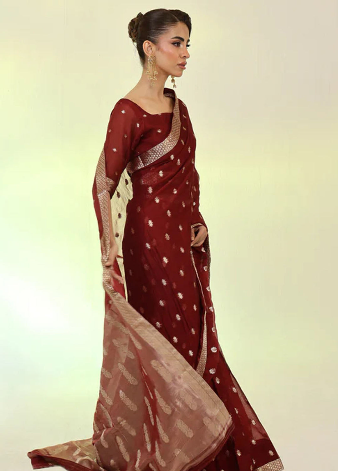 Ripret Pret Embroidered Chiffon 3 Piece Maroon Banarsi Saree