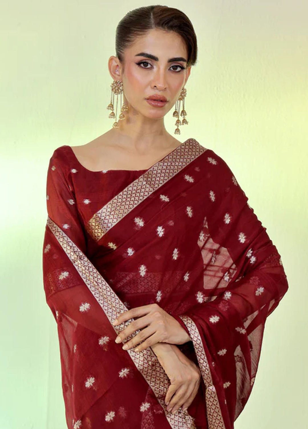 Ripret Pret Embroidered Chiffon 3 Piece Maroon Banarsi Saree