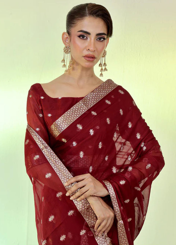 Ripret Pret Embroidered Chiffon 3 Piece Maroon Banarsi Saree