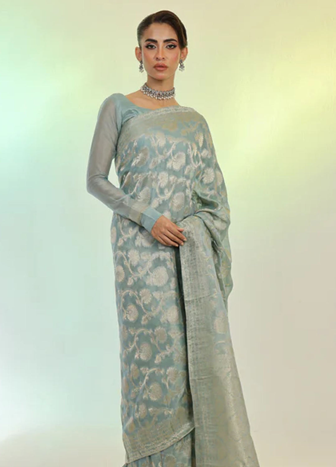 Ripret Pret Embroidered Chiffon 3 Piece Mint Banarsi Saree