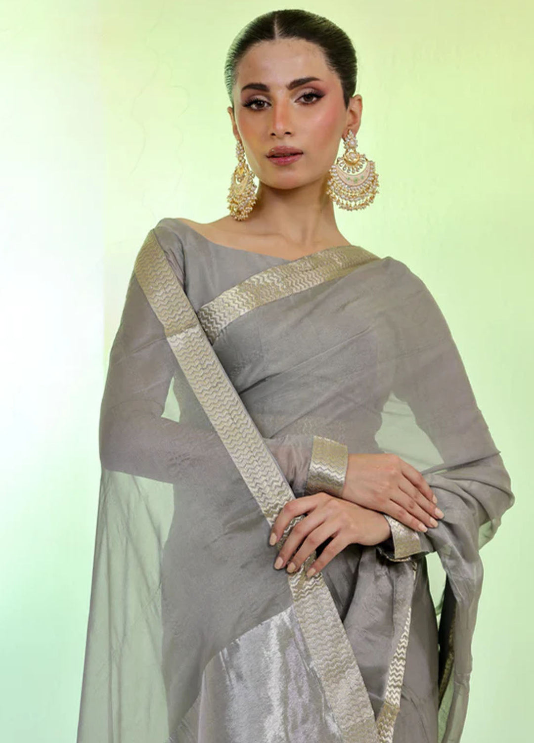 Ripret Pret Embroidered Chiffon 3 Piece Silver Banarsi Saree