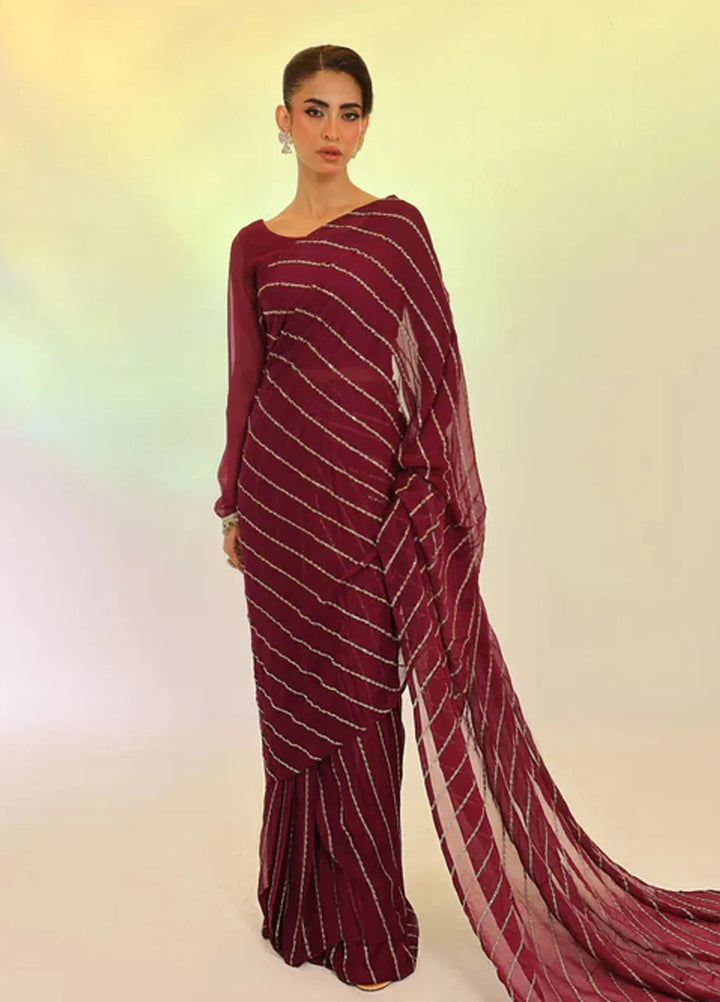 Ripret Pret Embroidered Chiffon Saree Plum Elan