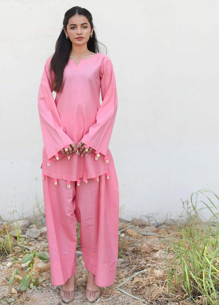 Ripret Pret plain Cotton 2 Piece Suit Pink Solid Set