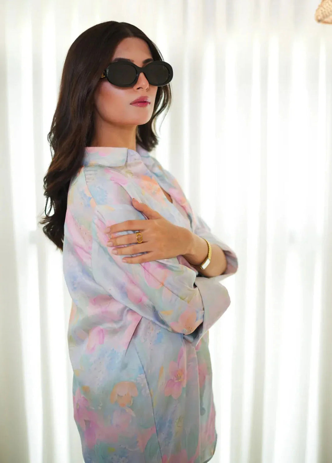 Ripret Pret Printed Silk 2 Piece Suit Pastel Floral Button down