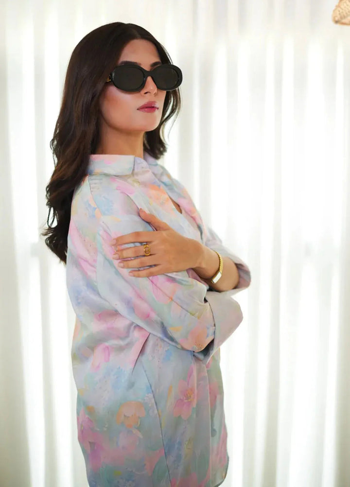 Ripret Pret Printed Silk 2 Piece Suit Pastel Floral Button down