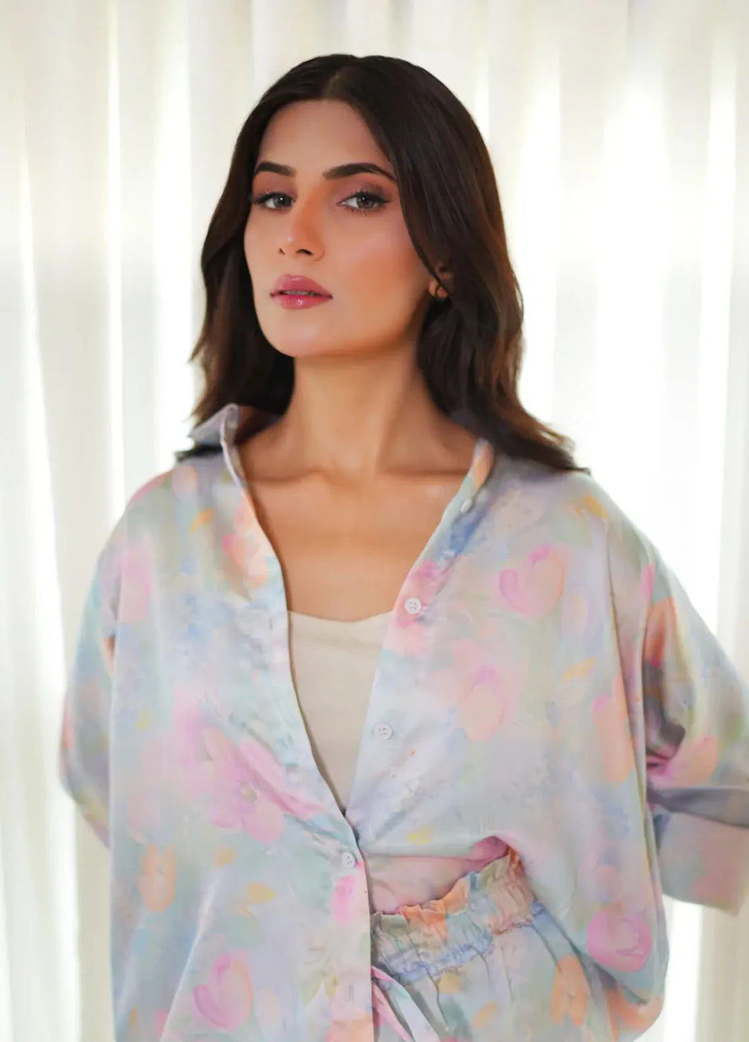 Ripret Pret Printed Silk 2 Piece Suit Pastel Floral Button down