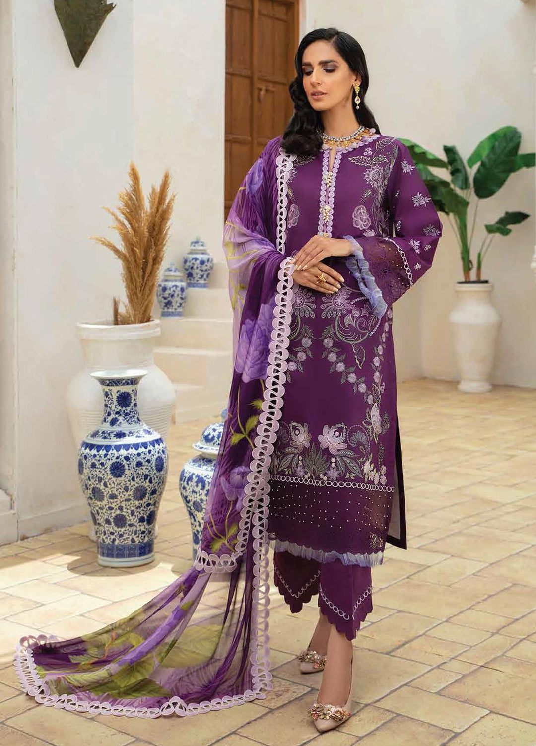 Roheenaz Embroidered Lawn Suits Unstitched 3 Piece RO22S-1 RNZ-01-A Crushed Grapes - Summer Collection