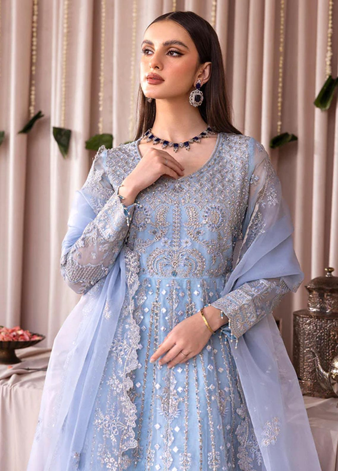 Romansiyyah By Emaan Adeel Embroidered Organza Suits Unstitched 3 Piece EA23RS Blue Lagoon - Luxury Collection