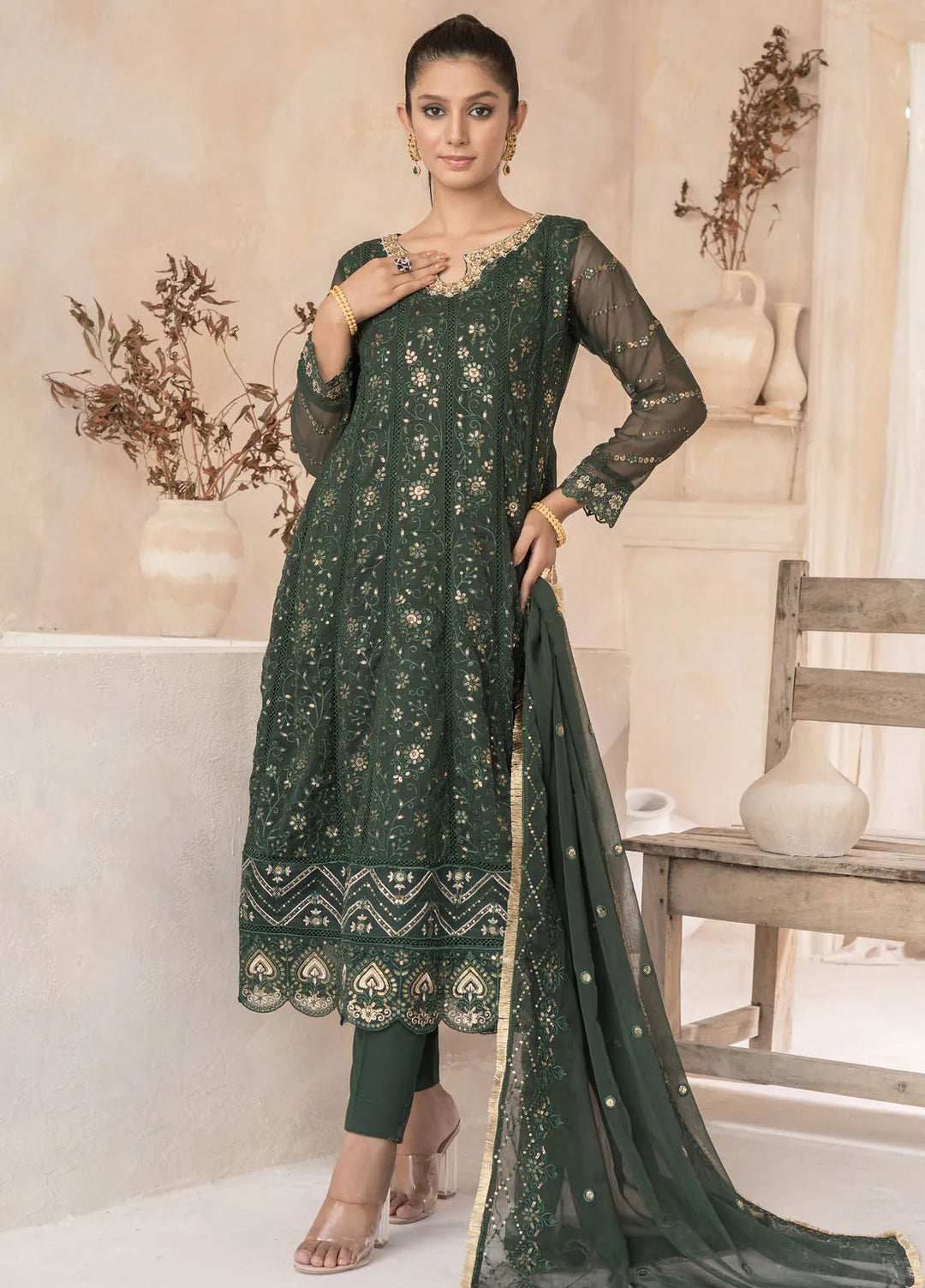 Roop Rang By Al Harir Pret Embroidered Chiffon 3 Piece Suit Mahi Bottle Green
