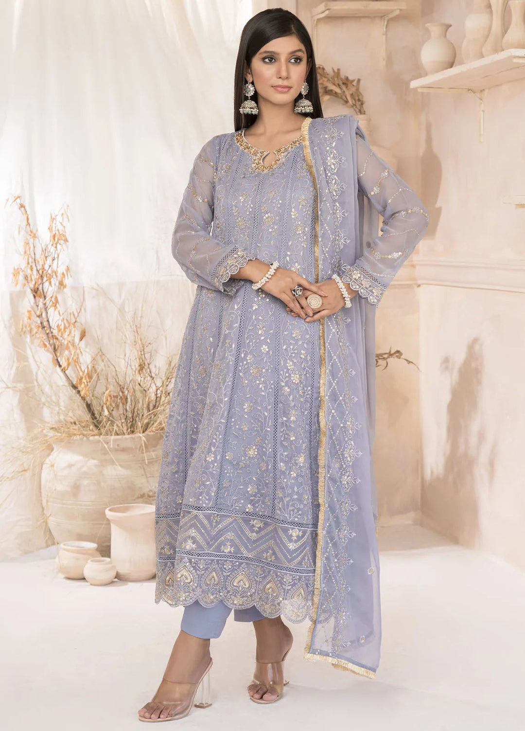 Roop Rang By Al Harir Pret Embroidered Chiffon 3 Piece Suit Mahi Grey