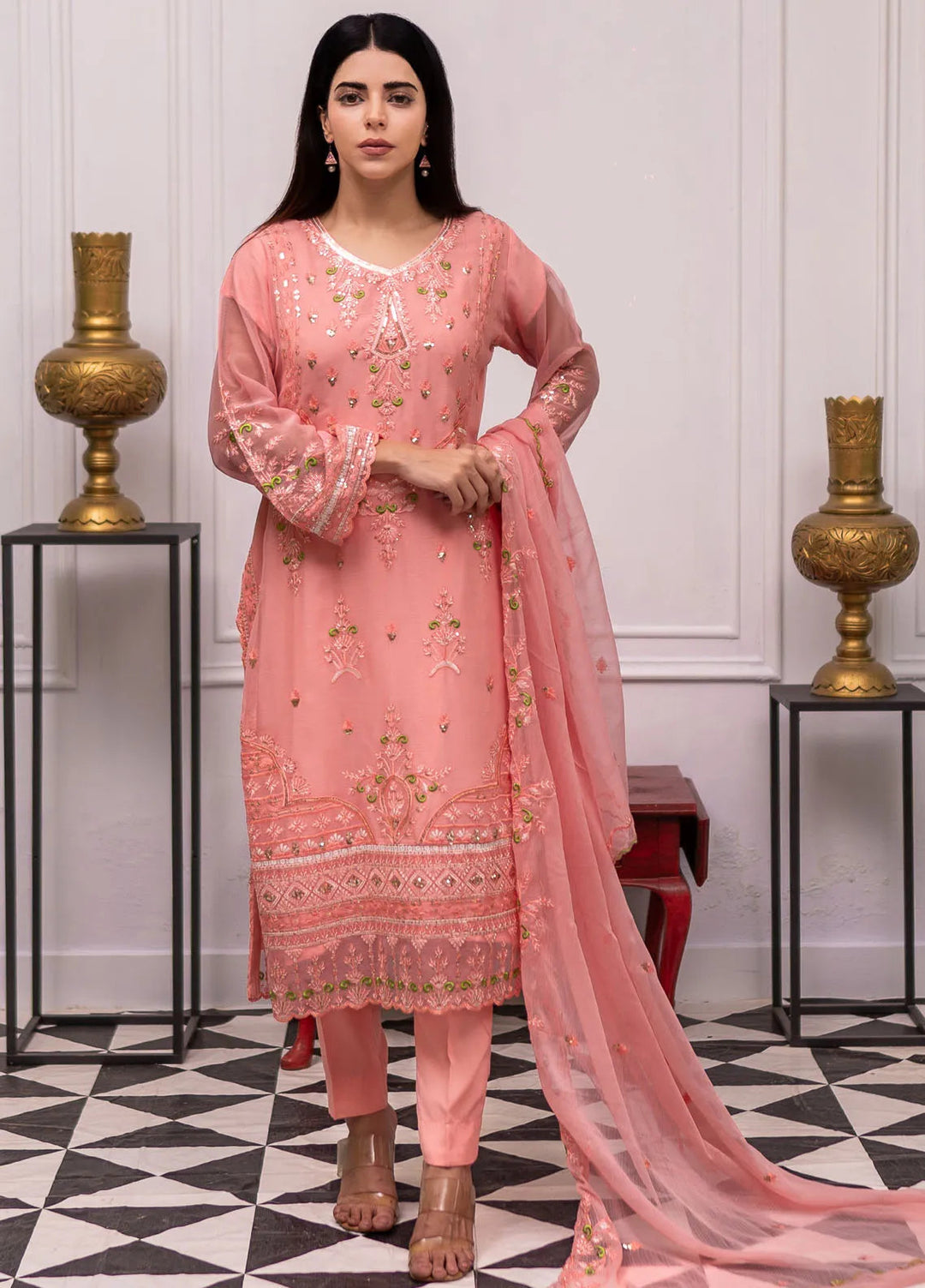 Roop Rang By Al Harir Pret Embroidered Chiffon 3 Piece Suit Nazarana Baby Pink