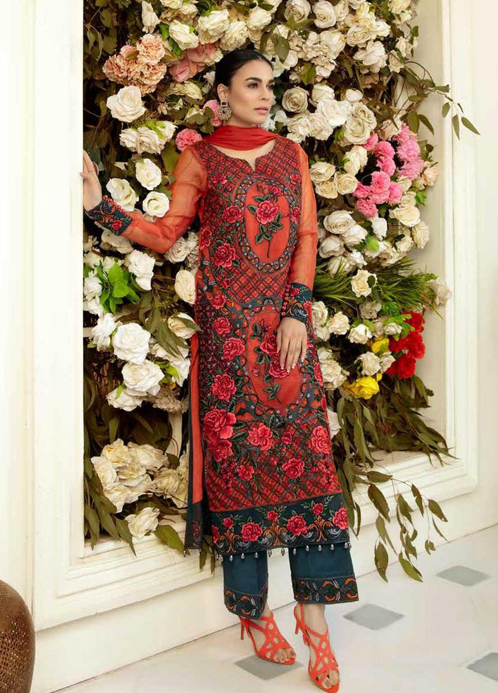 Rosa Blanca by Adan's Libas Embroidered Organza Suits Unstitched 3 Piece AL21RB D-06 Tangerine Tango - Luxury Collection