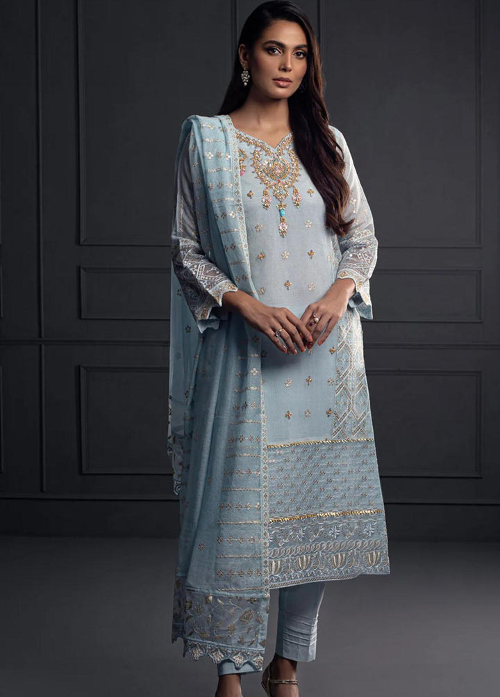 Shamooz Pret Embroidered Khaadi Net 3 Piece Suit SEM-0527 Light Blue