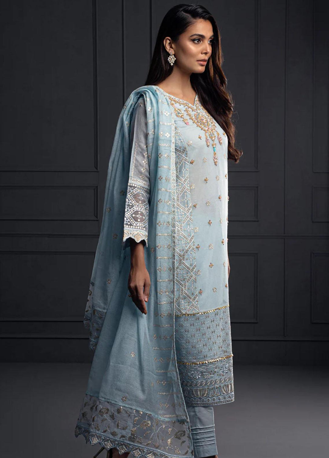 Shamooz Pret Embroidered Khaadi Net 3 Piece Suit SEM-0527 Light Blue