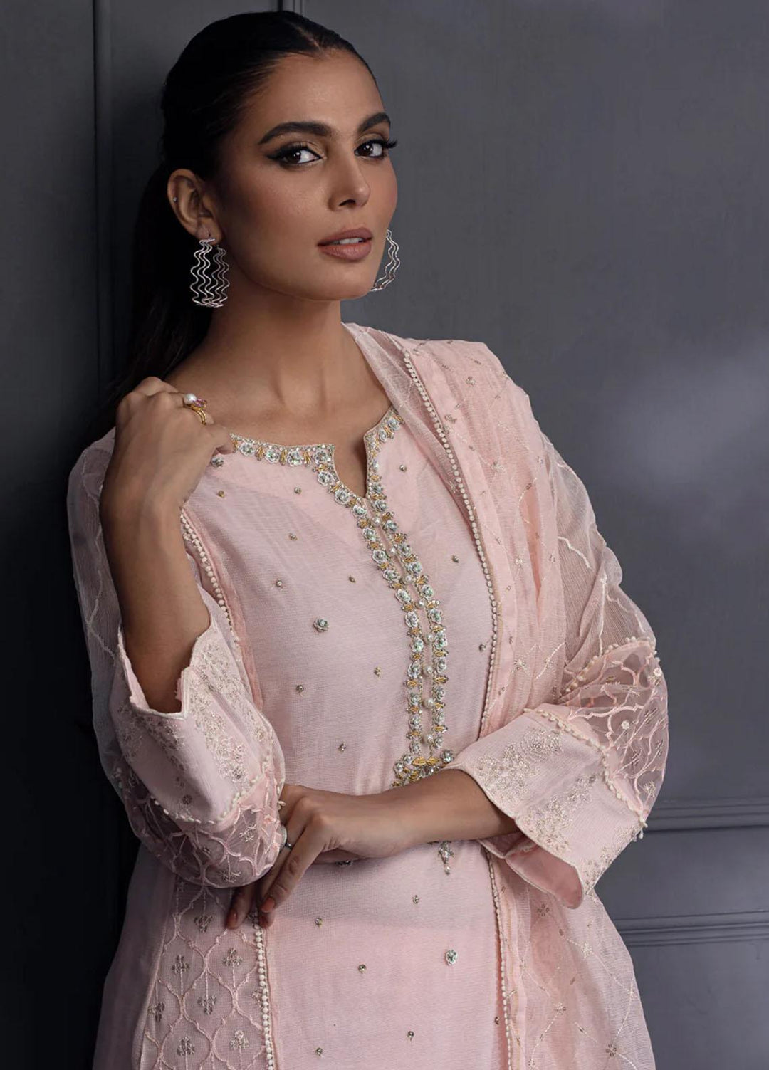 Shamooz Pret Embroidered Khaadi Net 3 Piece Suit SEM-0531 Blush Pink